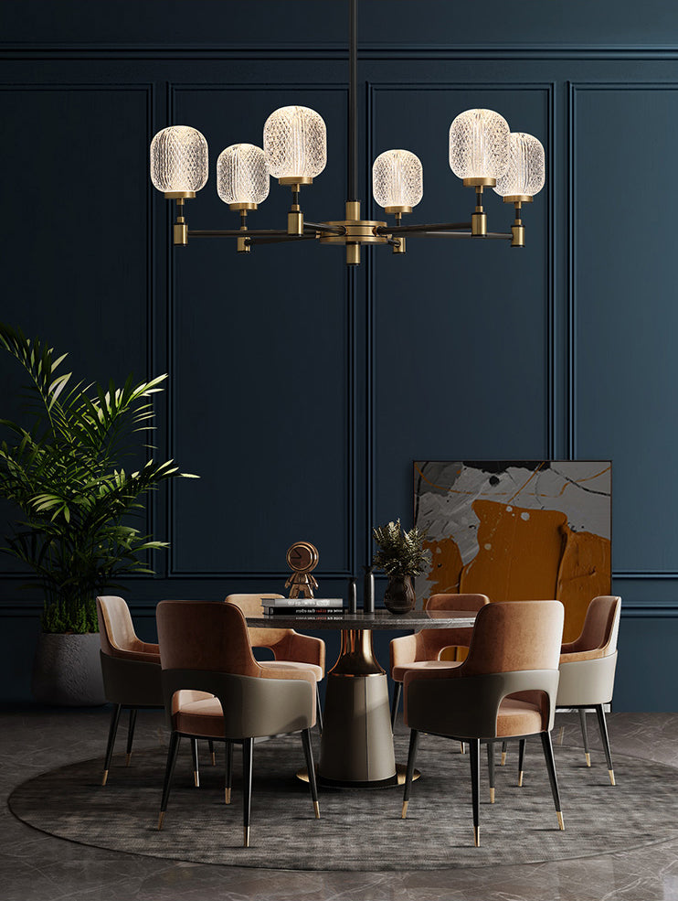 6 luces H65 Cobre Estilo moderno Candelera ovalada Prismática Vidry Shade Iluminación de iluminación para sala de estar