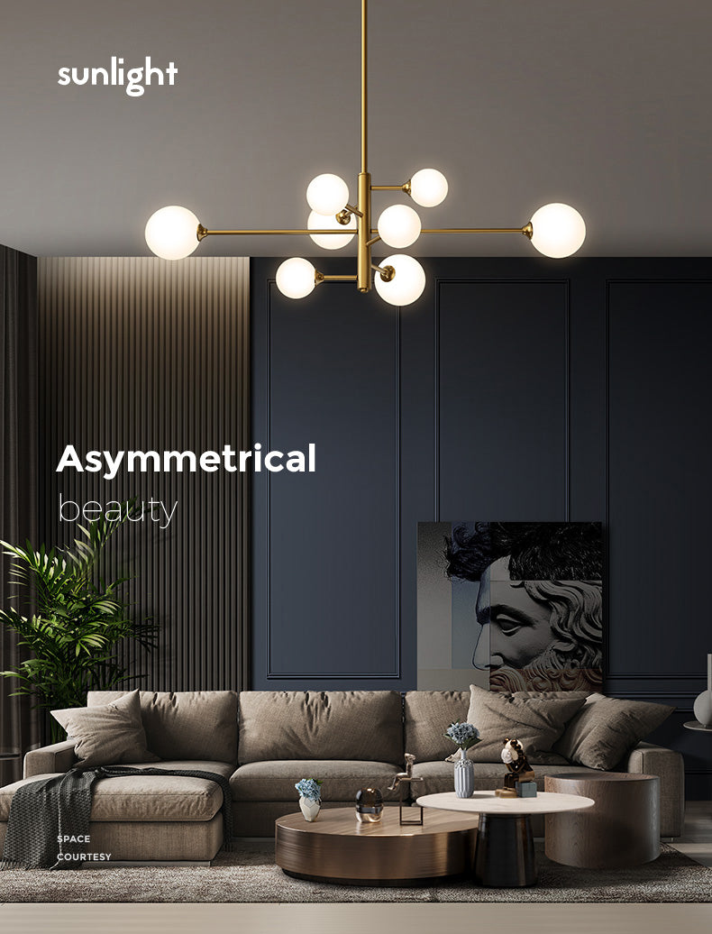 Contemporary Simplicity Molecular Chandelier White Glass Orb Brass Hanging Light for Dining Room