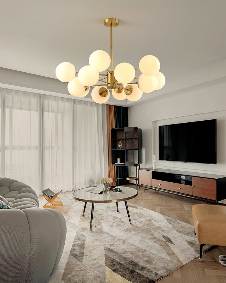 Gold Nordic Style Full Brass Lighting Fixture White Glass Ball Shade Molecular Large Chandelier