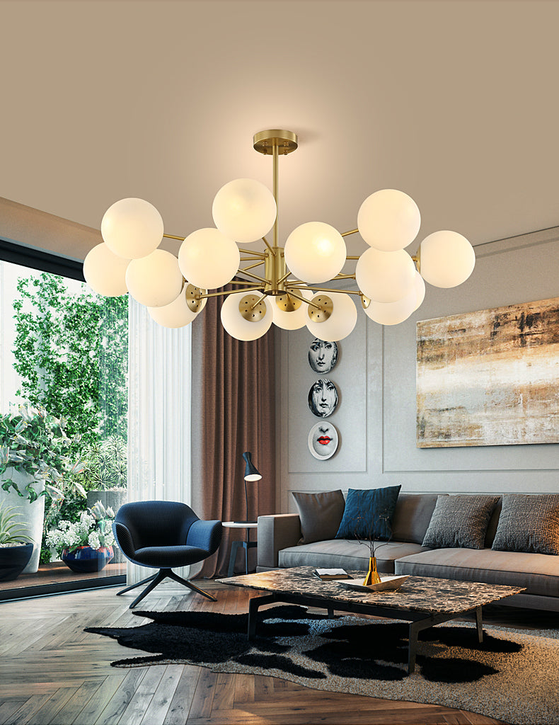 Gold Nordic Style Full Brass Lighting Fixture White Glass Ball Shade Molecular Large Chandelier