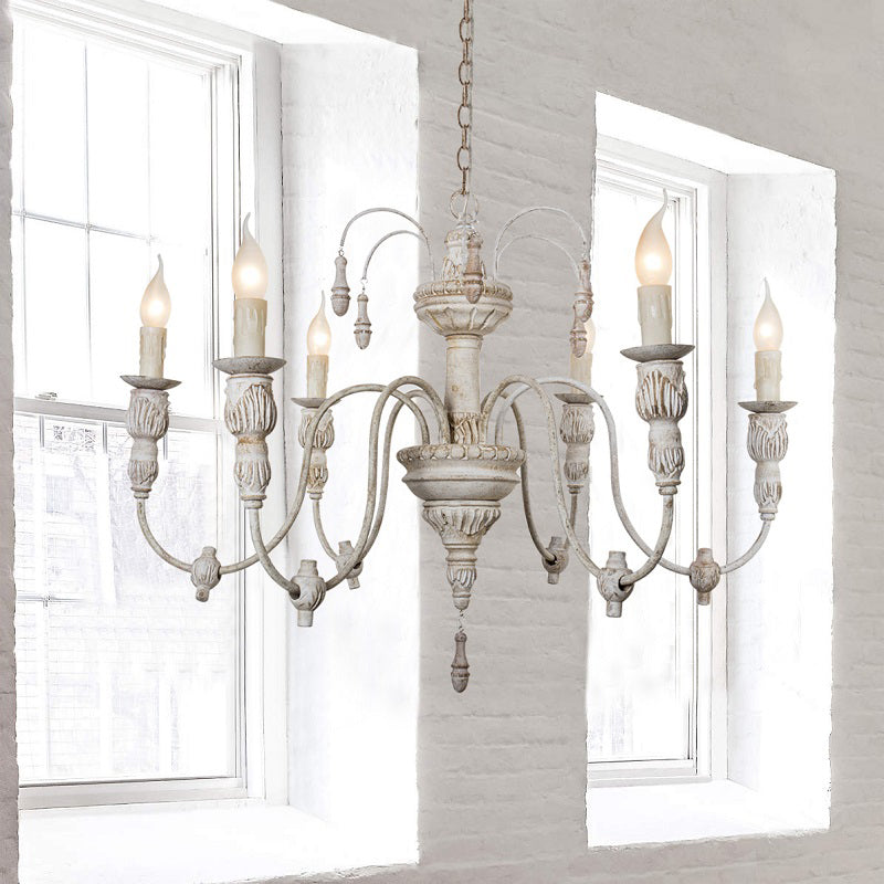 Hand Carving Aged Solid Wood Chandelier 6-light Rustic Style Candlestick Design Lighting Fixture for Coffee Shop