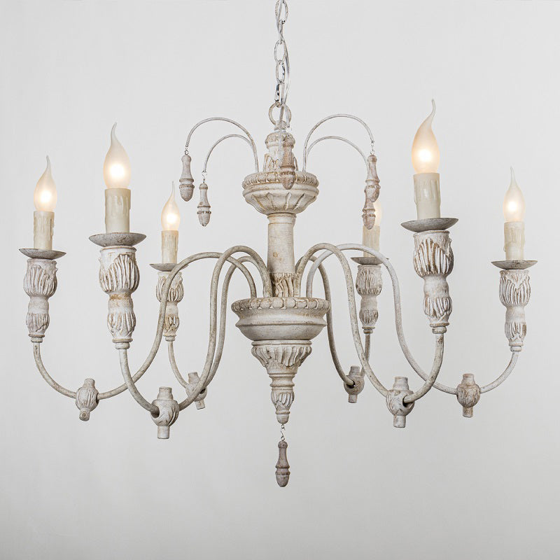 Hand Carving Aged Solid Wood Chandelier 6-light Rustic Style Candlestick Design Lighting Fixture for Coffee Shop