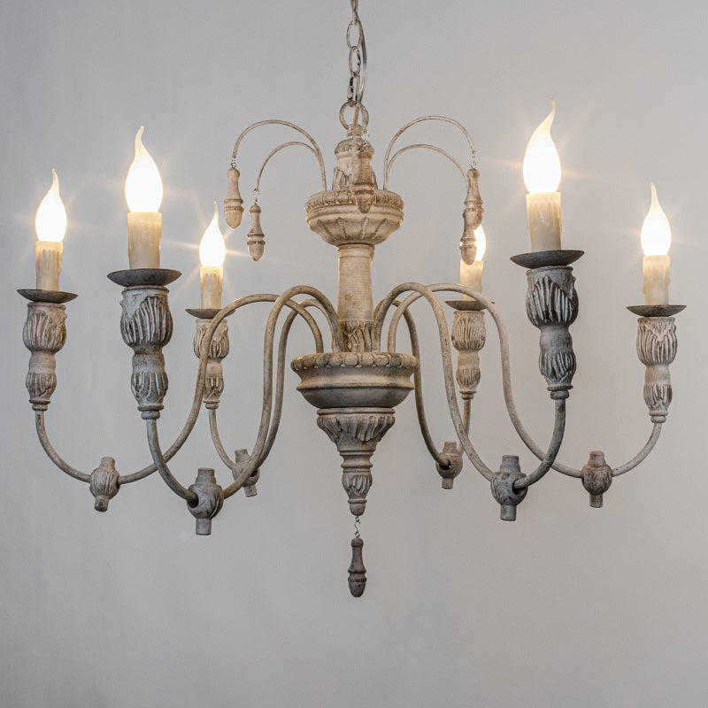 Hand Carving Aged Solid Wood Chandelier 6-light Rustic Style Candlestick Design Lighting Fixture for Coffee Shop