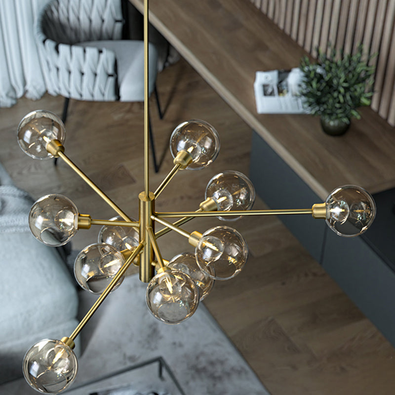 Full Copper Molecular Styling Chandelier Transparent Glass Orb Nordic Simplicity Lighting Fixture in Gold
