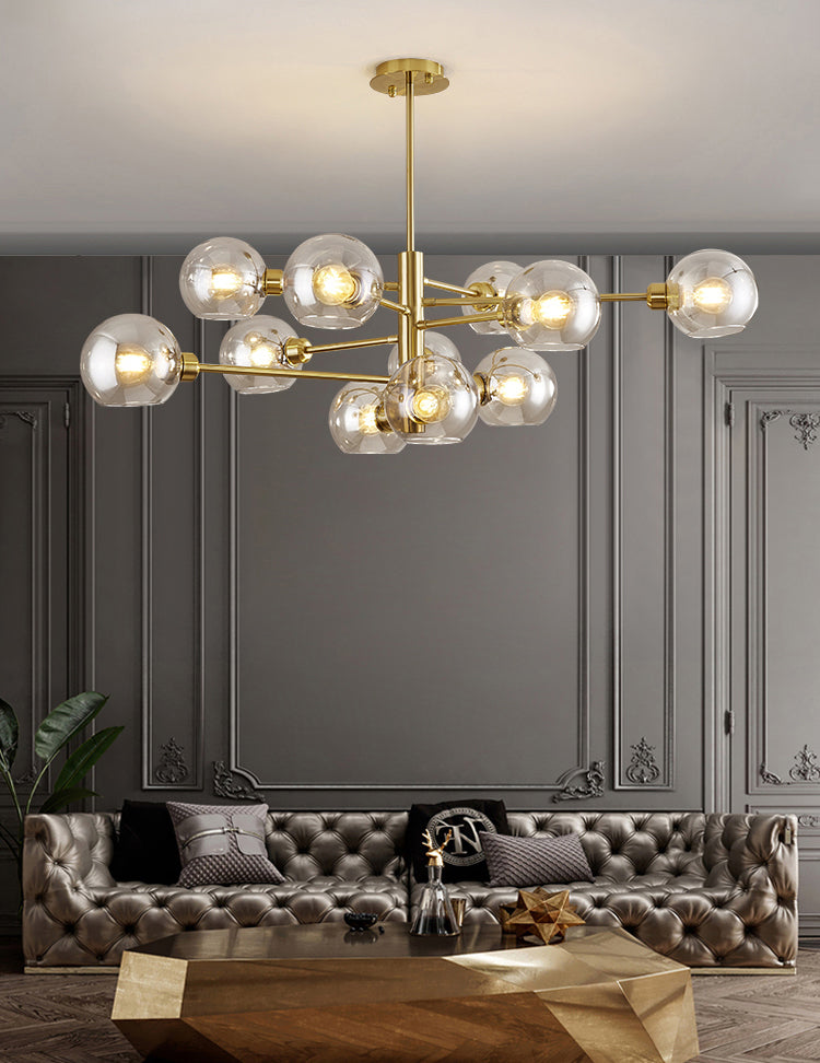 Full Copper Molecular Styling Chandelier Transparent Glass Orb Nordic Simplicity Lighting Fixture in Gold