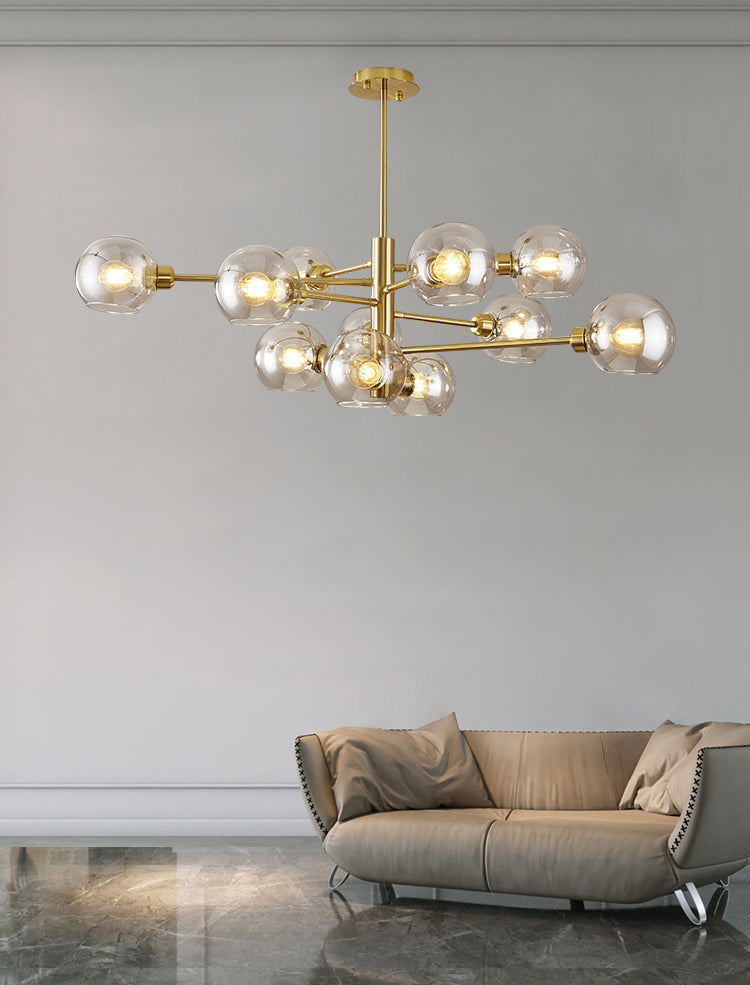 Full Copper Molecular Styling Chandelier Transparent Glass Orb Nordic Simplicity Lighting Fixture in Gold