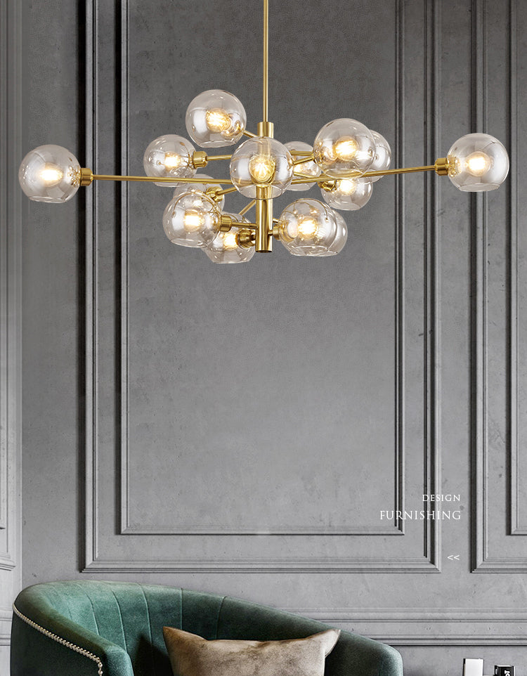 Full Copper Molecular Styling Chandelier Transparent Glass Orb Nordic Simplicity Lighting Fixture in Gold