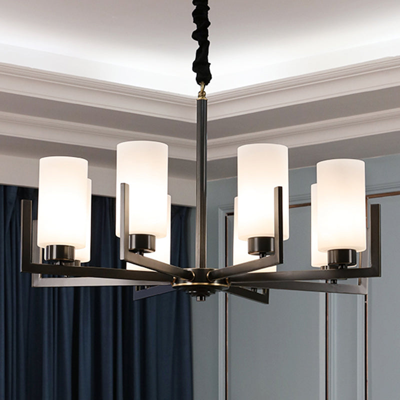 Cylindrical White Glass Shade Brass Chandelier American Style Simplicity Lighting Fixture for Living Room