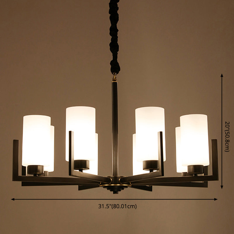 Cylindrical White Glass Shade Brass Chandelier American Style Simplicity Lighting Fixture for Living Room