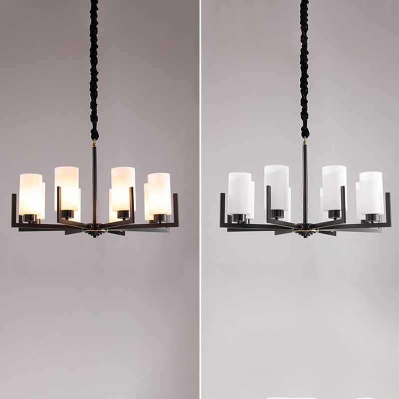 Cylindrical White Glass Shade Brass Chandelier American Style Simplicity Lighting Fixture for Living Room