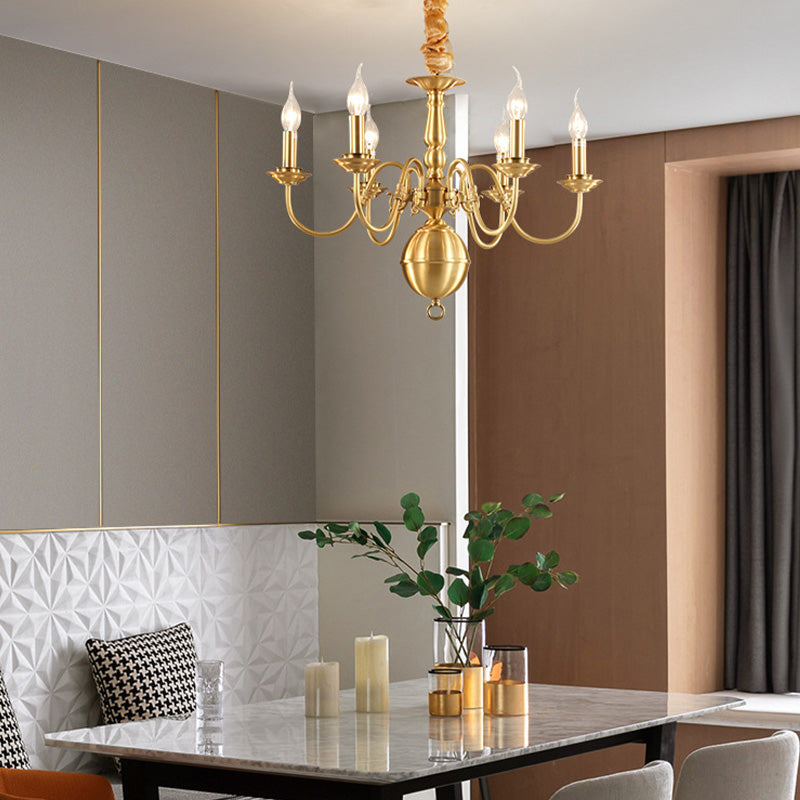 Colonialist Candle Hanging Pendant 6 Heads Metal Chandelier Lighting Fixture in Gold for Kitchen