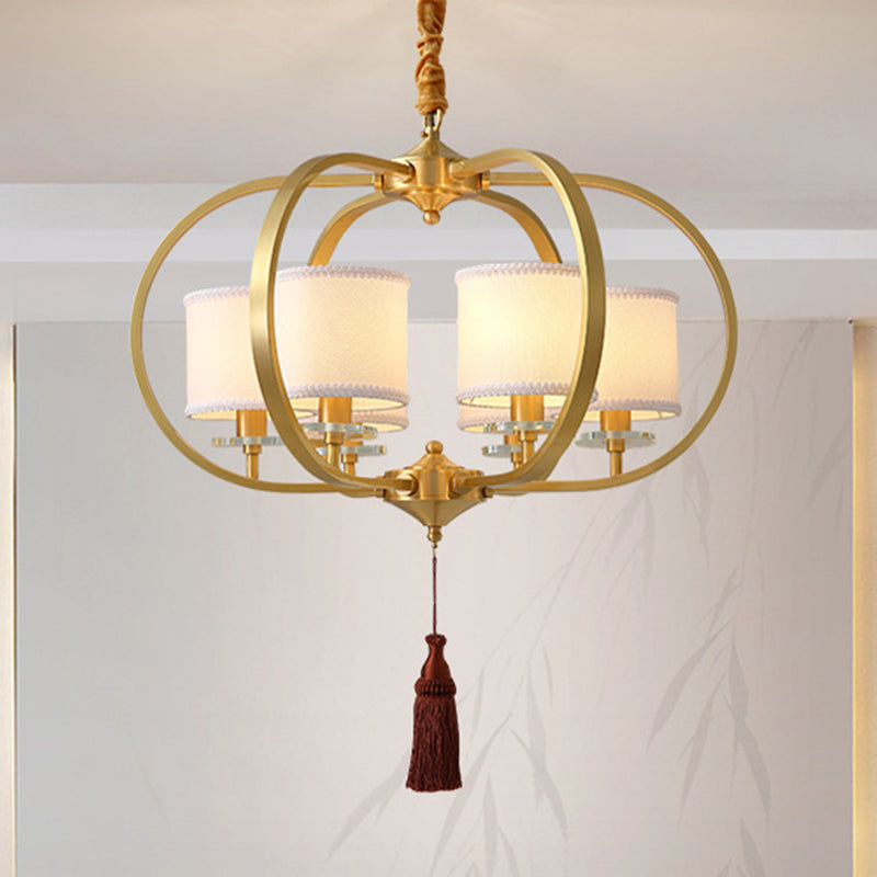 3/6 Lights Dining Room Chandelier Lamp Traditional Brass Ceiling Light with Drum Fabric Shade