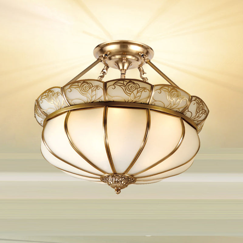 Fleur en laiton Semi Flush Lighting Colonial Milky Verre 5 LIMES DE CHAMBRE PLAFIC DE CHAMP