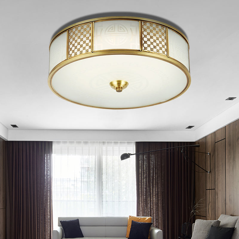 Colonial Drum Flush Mount Ceiling Light 14"/18" Wide 4 Lights Milky Glass Flushmount in Brass