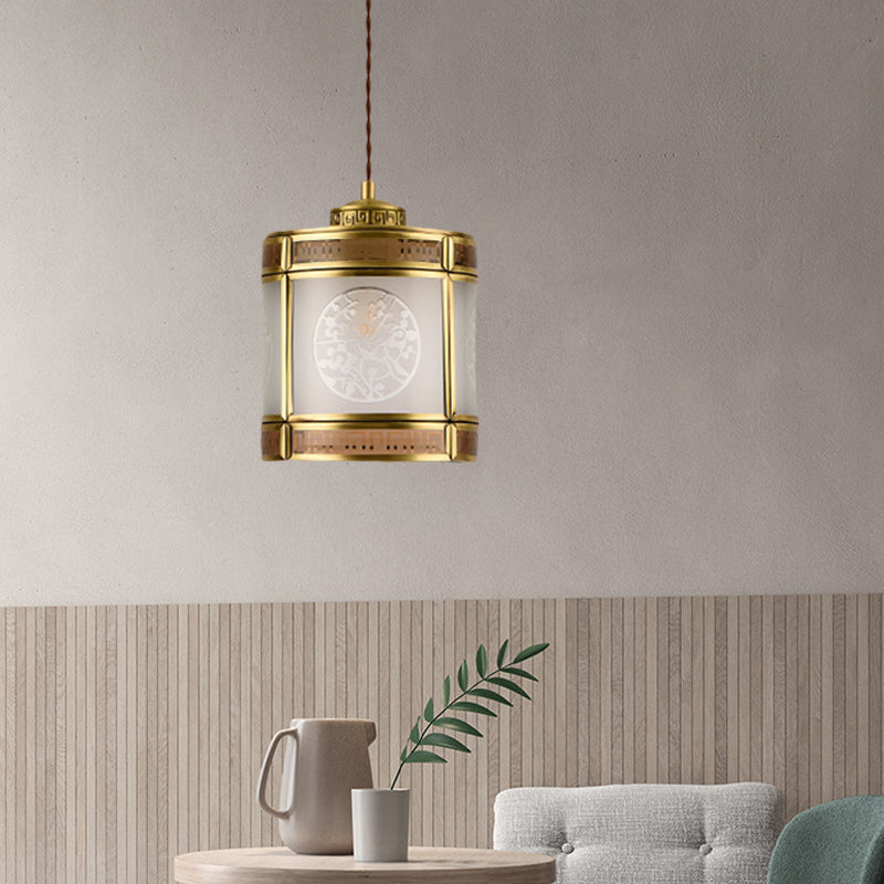 Cylinder Frosted Glass Pendant Lamp Traditional 1 Light Corridor Hanging Ceiling Light in Brass with Metal Frame