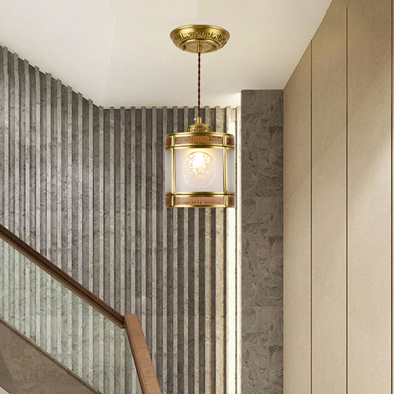 Cylinder Frosted Glass Pendant Lamp Traditional 1 Light Corridor Hanging Ceiling Light in Brass with Metal Frame