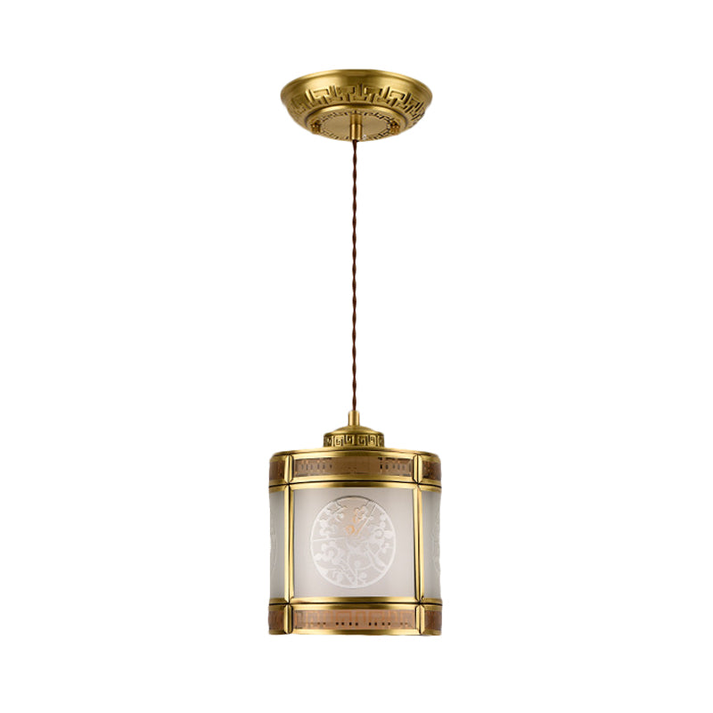 Cylinder Frosted Glass Pendant Lamp Traditional 1 Light Corridor Hanging Ceiling Light in Brass with Metal Frame