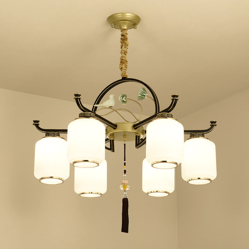 Frosted Glass Black and Gold Ceiling Chandelier Lantern 6/8/10 Lights Traditional Pendulum Light