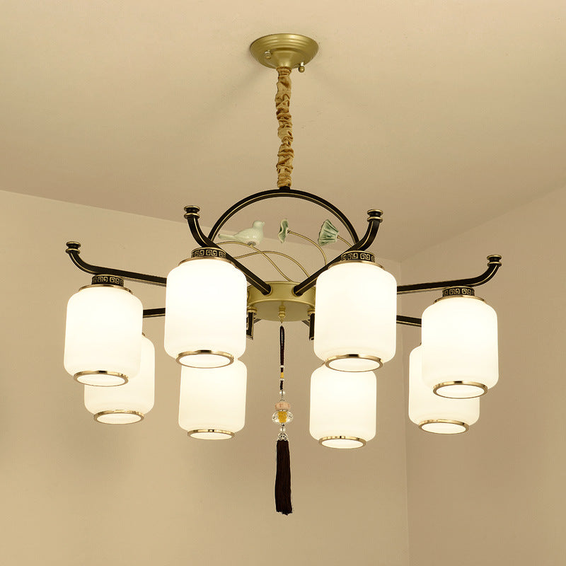 Frosted Glass Black and Gold Ceiling Chandelier Lantern 6/8/10 Lights Traditional Pendulum Light