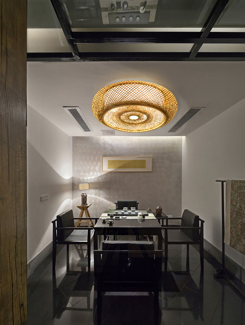 Plafonnier tissé en bambou, style asiatique, luminaire simple, beige
