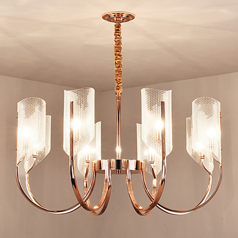 Araña de araña de estilo posmoderno de oro rosa con textura de diamante de brazo de ángulo ajuste de iluminación de sombra acrílica para sala de estar