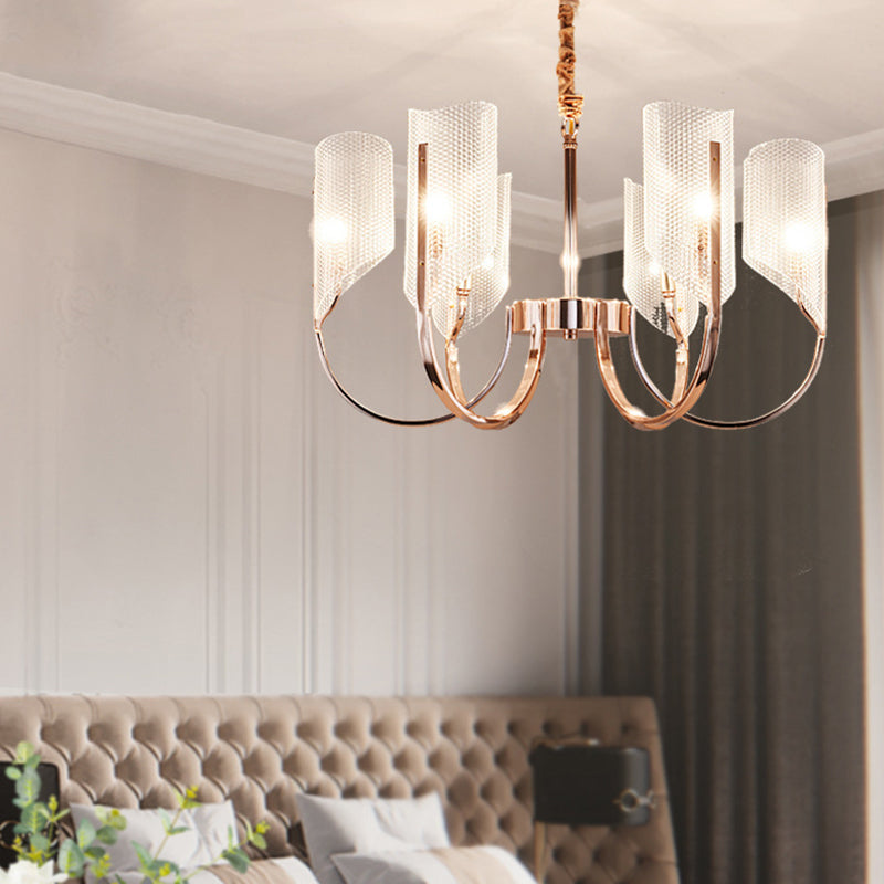 Araña de araña de estilo posmoderno de oro rosa con textura de diamante de brazo de ángulo ajuste de iluminación de sombra acrílica para sala de estar