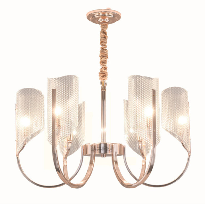 Araña de araña de estilo posmoderno de oro rosa con textura de diamante de brazo de ángulo ajuste de iluminación de sombra acrílica para sala de estar