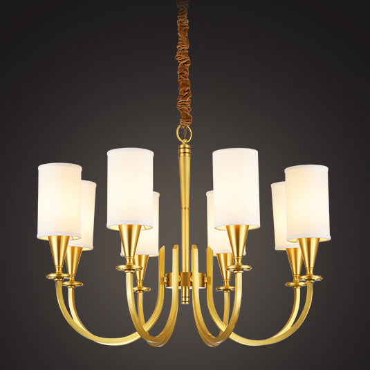 Brass American Traditional Style Chandelier Cylindrical Fabric Shade Dining Room Lighting Fixture with 19.6" Adjustable Suspension Chain