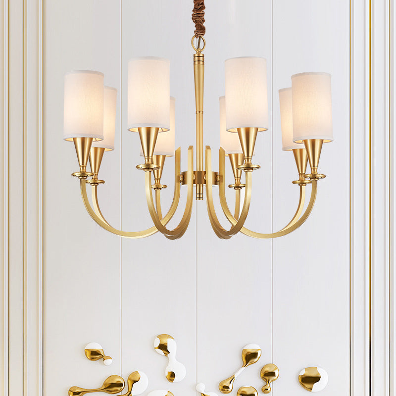 Brass American Traditional Style Chandelier Cylindrical Fabric Shade Dining Room Lighting Fixture with 19.6" Adjustable Suspension Chain
