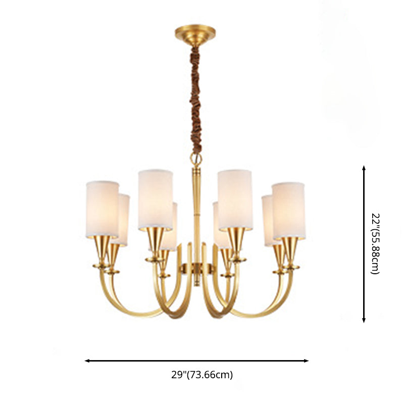 Brass American Traditional Style Chandelier Cylindrical Fabric Shade Dining Room Lighting Fixture with 19.6" Adjustable Suspension Chain