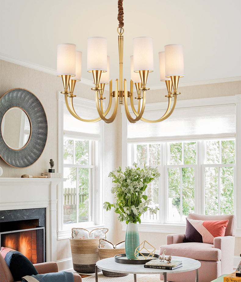 Brass American Traditional Style Chandelier Cylindrical Fabric Shade Dining Room Lighting Fixture with 19.6" Adjustable Suspension Chain