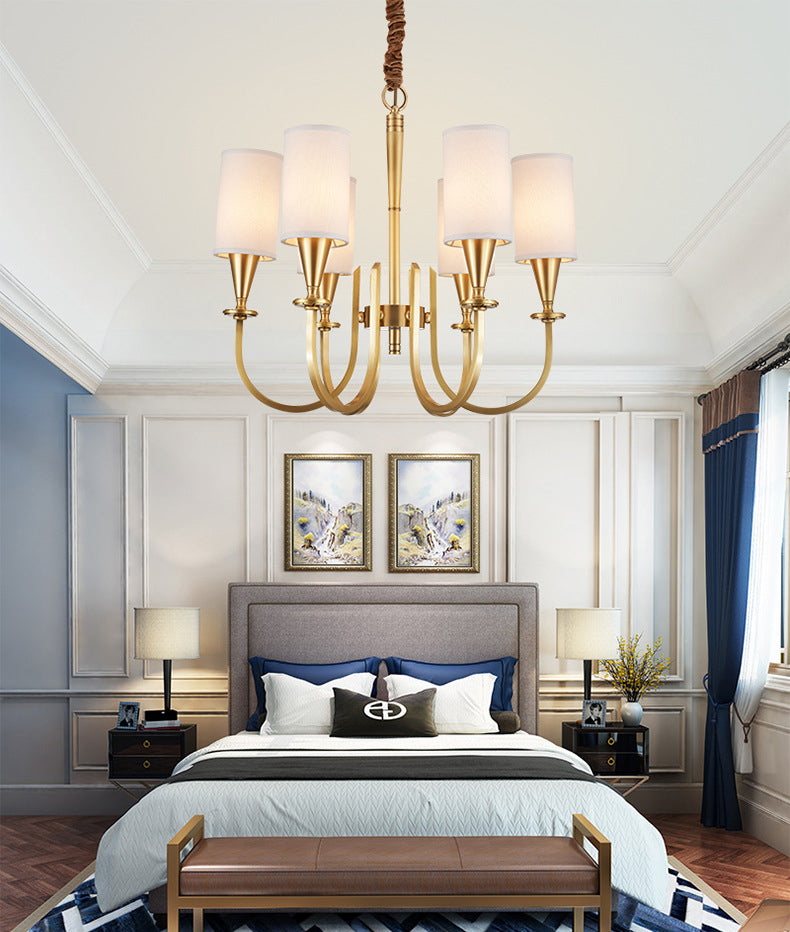 Brass American Traditional Style Chandelier Cylindrical Fabric Shade Dining Room Lighting Fixture with 19.6" Adjustable Suspension Chain
