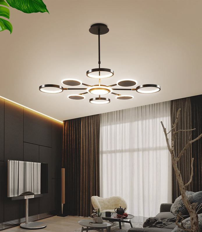 Accesorio de iluminación colgante de círculo acrílico Estilo moderno LED Black Hanging Chandelier