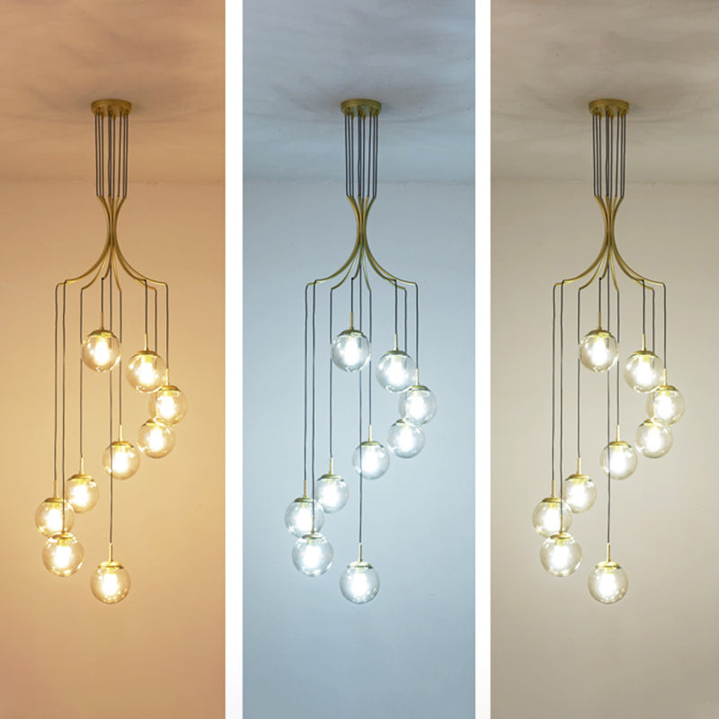 Modern Minimalist Multiple Globe Shade Pendant Light Gold Metal Long Hanging Lamp for Living Room