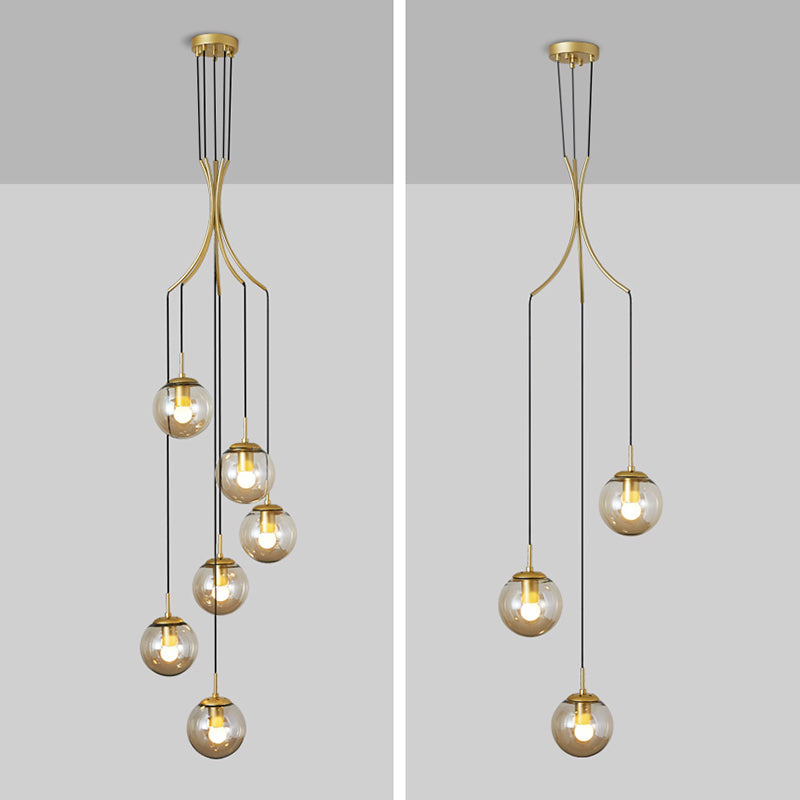 Modern Minimalist Multiple Globe Shade Pendant Light Gold Metal Long Hanging Lamp for Living Room