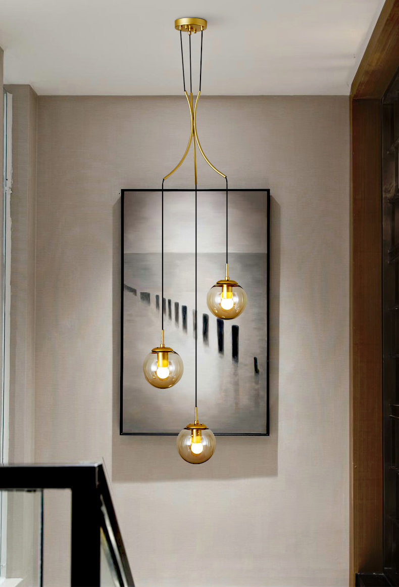 Modern Minimalist Multiple Globe Shade Pendant Light Gold Metal Long Hanging Lamp for Living Room