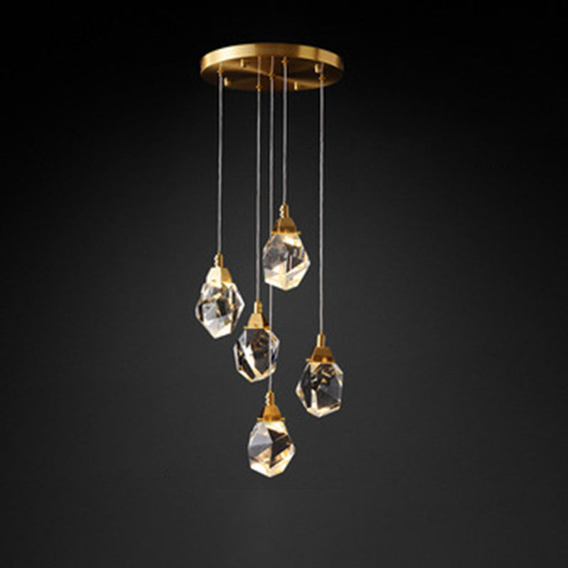 Block Shaped Stairs Multi-Pendant Crystal 7 Lights Postmodern Suspension Lamp in Brass