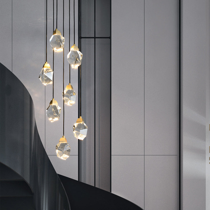 Block Shaped Stairs Multi-Pendant Crystal 7 Lights Postmodern Suspension Lamp in Brass