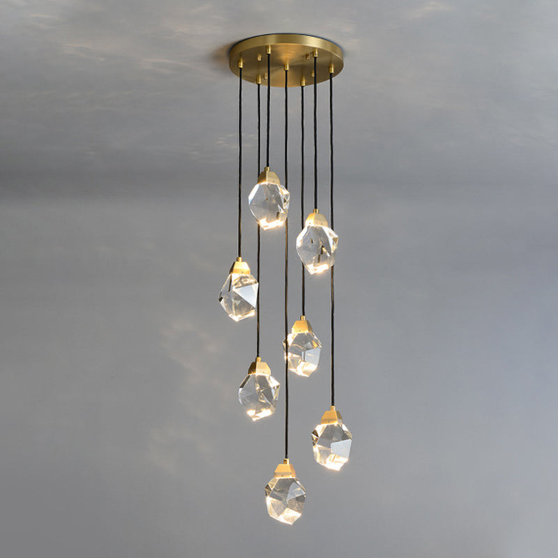 Block Shaped Stairs Multi-Pendant Crystal 7 Lights Postmodern Suspension Lamp in Brass
