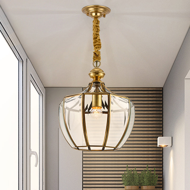 Urn Corridor Suspension Pendant Light Traditional Clear Glass 1 Head Gold Hanging Lamp
