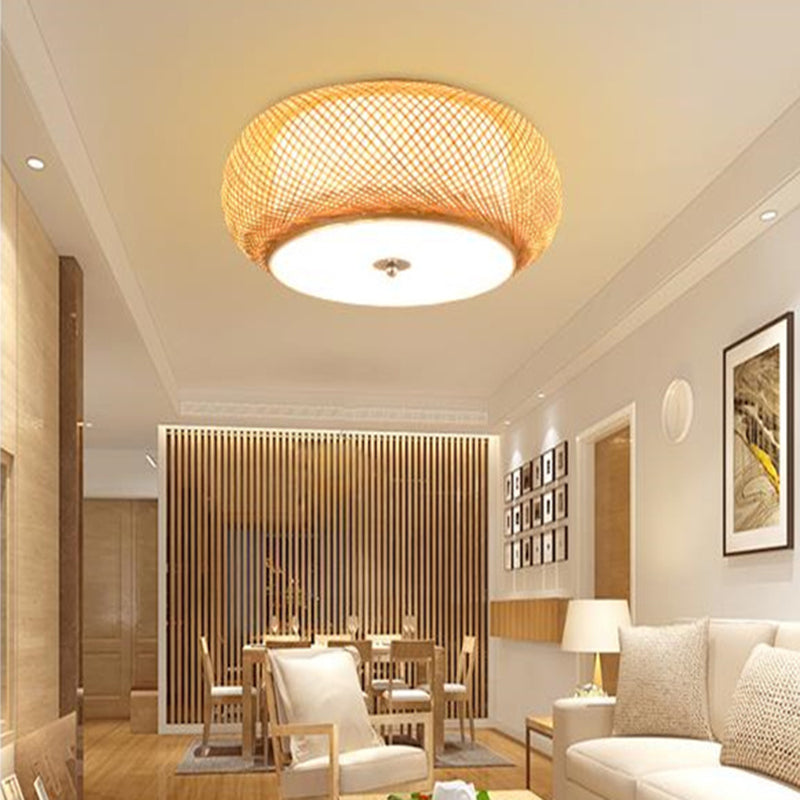 Lámpara de techo de madera de estilo asiático, luz de montaje empotrado de bambú tejida a mano, para salón de té
