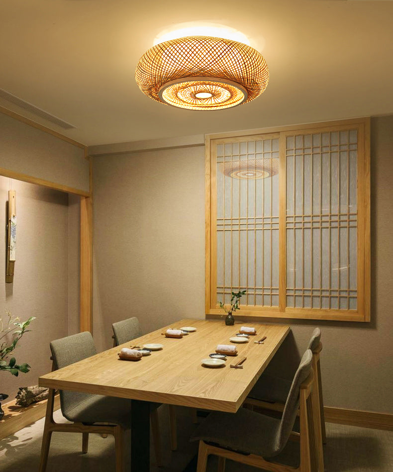 Lámpara de techo de madera de estilo asiático, luz de montaje empotrado de bambú tejida a mano, para salón de té