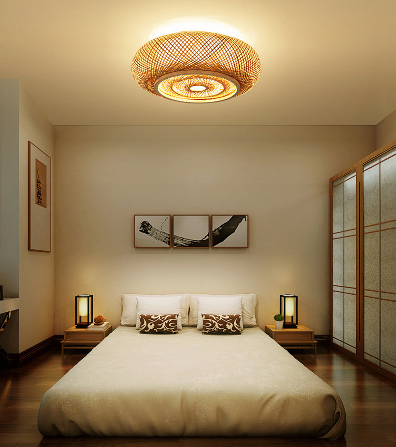 Lámpara de techo de madera de estilo asiático, luz de montaje empotrado de bambú tejida a mano, para salón de té