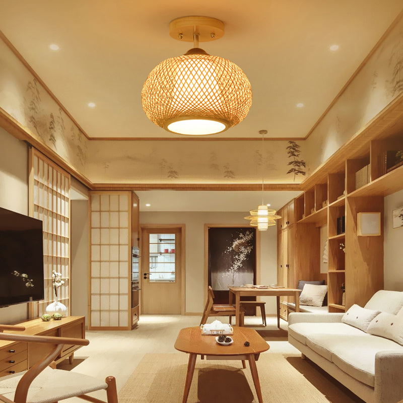 Lámpara de techo de madera de estilo asiático, luz de montaje empotrado de bambú tejida a mano, para salón de té