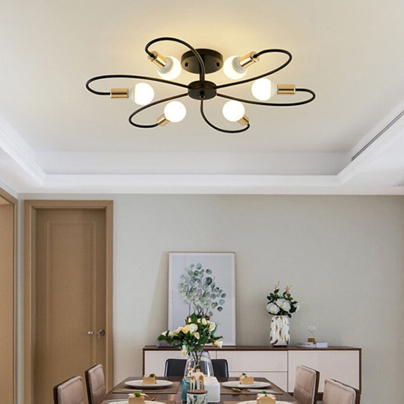 Bare Bulb Floriated Semi Flush Mount in Industrial Vintage Style Metal Ceiling Light for Dining Room