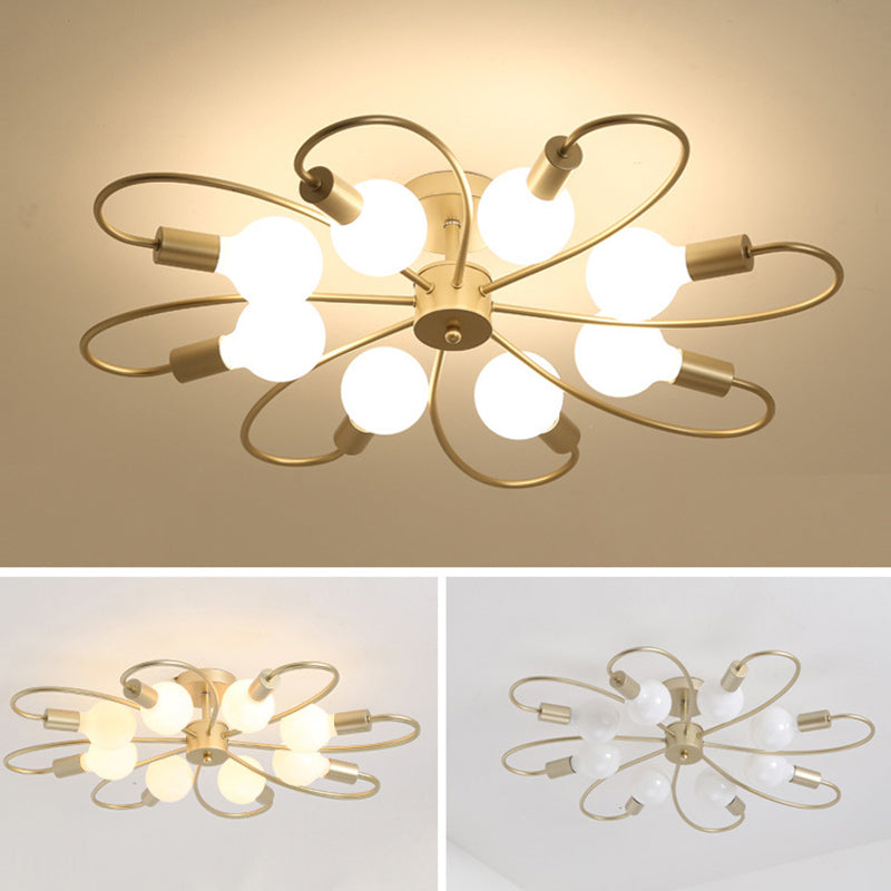 Bare Bulb Floriated Semi Flush Mount in Industrial Vintage Style Metal Ceiling Light for Dining Room