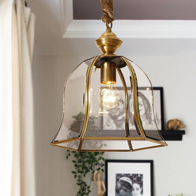 1 Head Bell Hanging Lighting Traditional Brass Clear Glass Ceiling Pendant Lamp for Dining Room