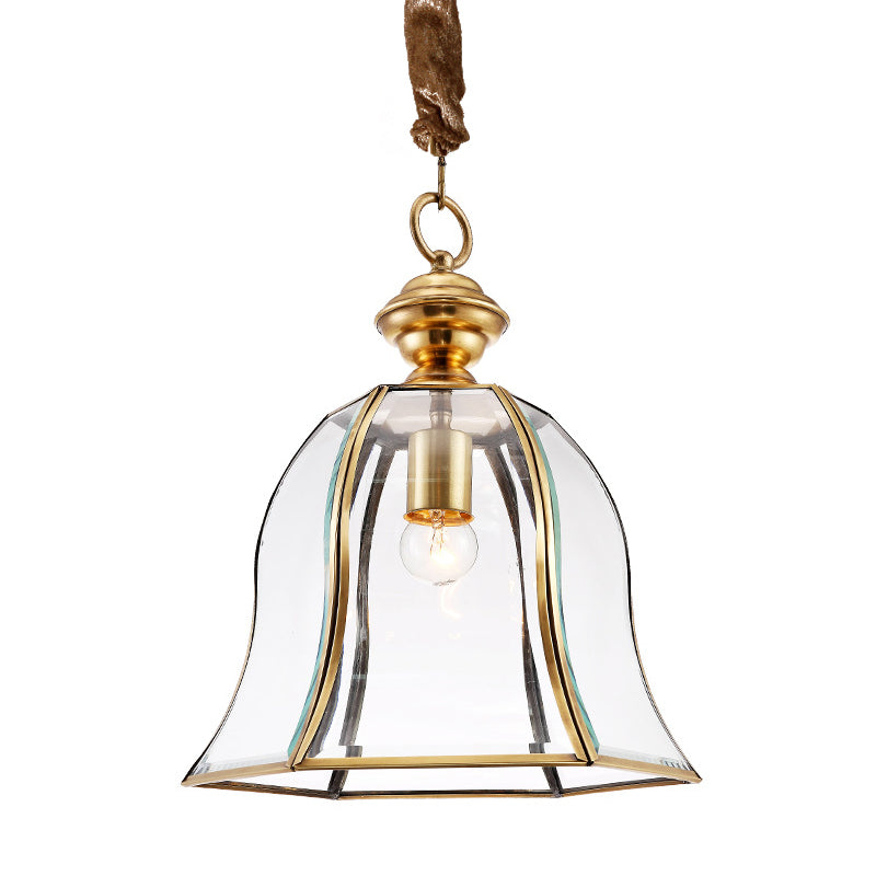 1 Head Bell Hanging Lighting Traditional Brass Clear Glass Ceiling Pendant Lamp for Dining Room