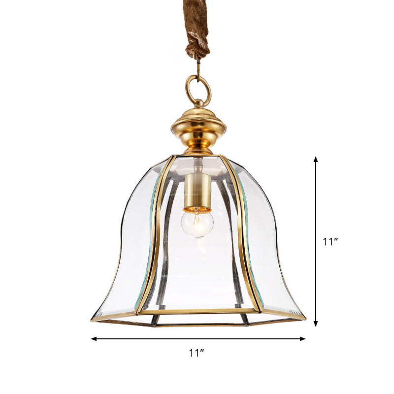 1 Head Bell Hanging Lighting Traditional Brass Clear Glass Ceiling Pendant Lamp for Dining Room