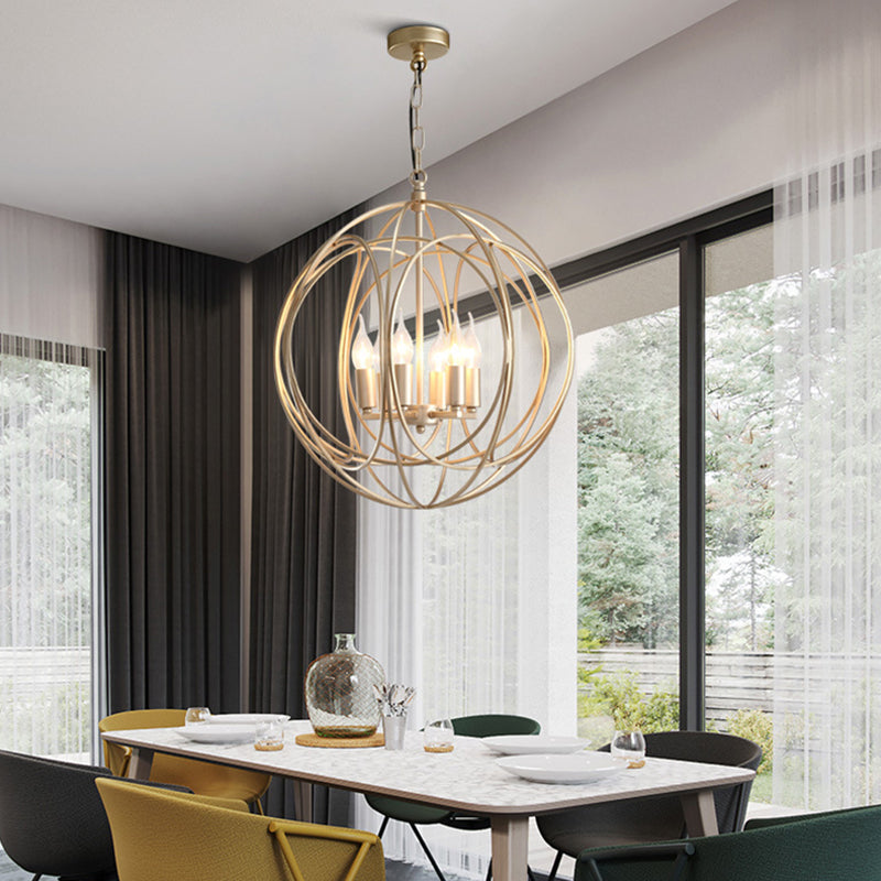 Post-Modern Metal Hanging Chandelier Light Gold Spherical Cage Shade Ceiling Chandelier for Dining Room